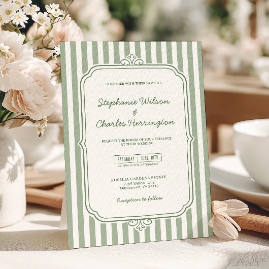 Elegant Classic Sage & Beige Striped Wedding 招待状