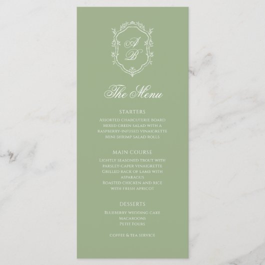 Elegant Classic Sage Green Monogram Crest Wedding メニュー (正面)
