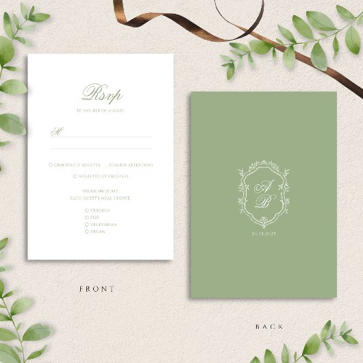 Elegant Classic Sage Green Monogram Crest Wedding 出欠カード