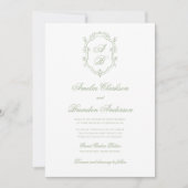 Elegant Classic Sage Green Monogram Crest Wedding 招待状 (正面)
