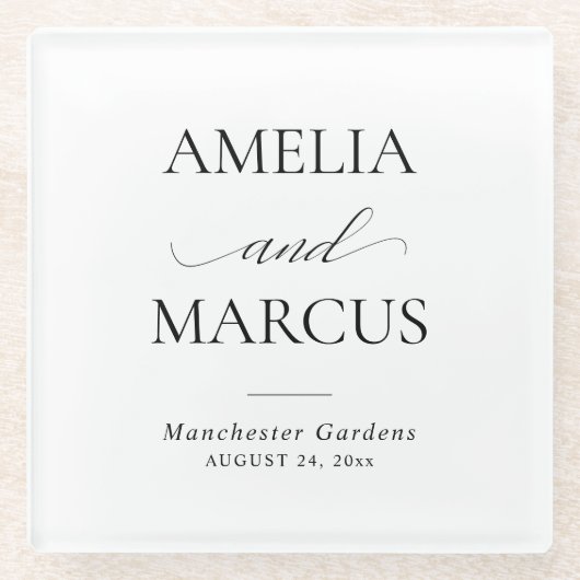 Elegant Classic Script Calligraphy Wedding ガラスコースター (正面)
