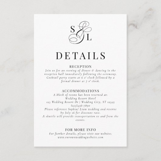 Elegant Classic Script Monogram Wedding Details エンクロージャーカード (正面)