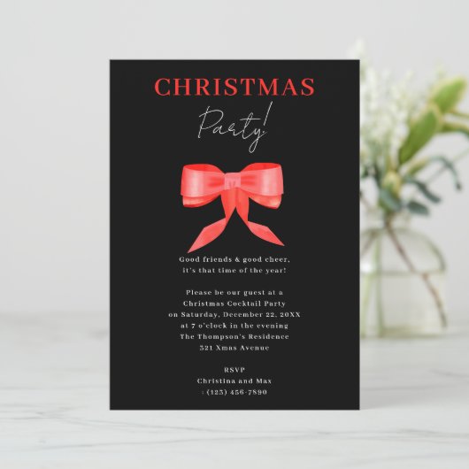 Elegant Classy Black Red Bow Christmas Party 招待状 (スタンド正面)
