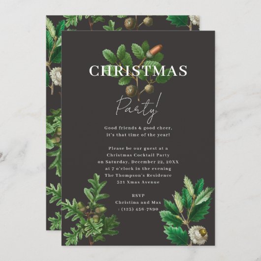 Elegant Classy Black Xmas Acorn Christmas Party 招待状 (正面/裏面)