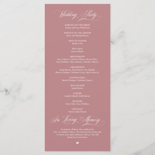 Elegant Classy Dusty Rose Pink Script Wedding プログラム (裏面)