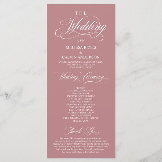 Elegant Classy Dusty Rose Pink Script Wedding プログラム (正面)