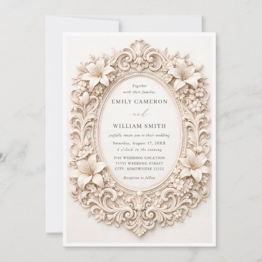 Elegant Classy Floral Baroque Frame Wedding 招待状 (正面)