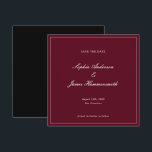 Elegant Classy Formal Burgundy Red Script Wedding セーブザデート<br><div class="desc">Elegant, formal and classy square Wedding Save the Date with Script typography for the couple's names, dark burgundy red background, an elegant frame on the front and a black backer. Customize it with your own wedding information. A very elegant and sophisticated Wedding Announcement for modern couples.</div>