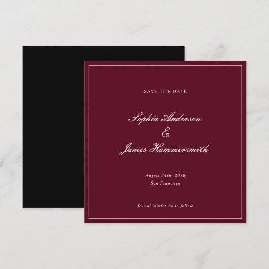 Elegant Classy Formal Burgundy Red Script Wedding  セーブザデート (正面/裏面)