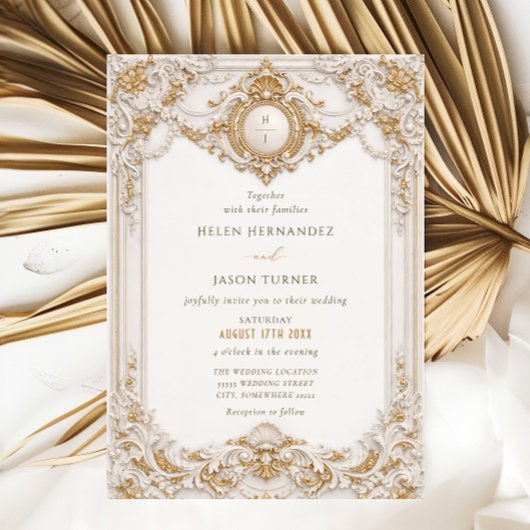 Elegant Classy Gold & White Baroque Frame Wedding 招待状