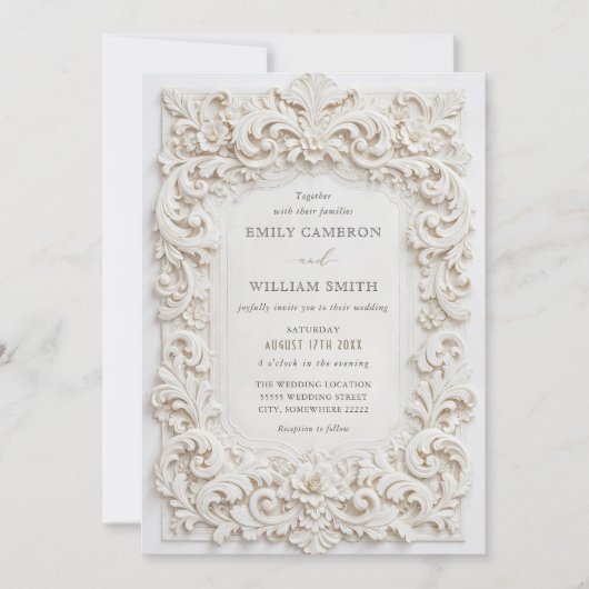 Elegant Classy White Baroque Frame Wedding 招待状 (正面)