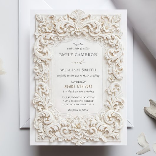 Elegant Classy White Baroque Frame Wedding 招待状