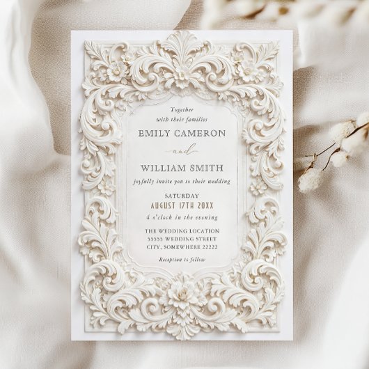 Elegant Classy White Baroque Frame Wedding 招待状
