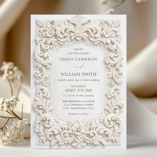 Elegant Classy White Baroque Frame Wedding 招待状