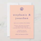 Elegant Coastal Beach Peach Navy Blue Wedding  招待状 (正面)