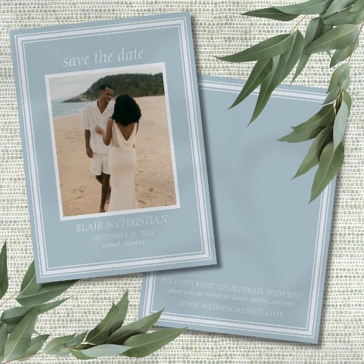 Elegant Coastal Blue Modern Wedding Photo セーブザデート