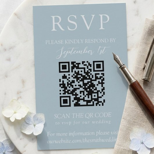 Elegant Coastal Blue Script QR Wedding  出欠カード