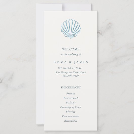 Elegant Coastal Blue Seashell Wedding Program (正面)