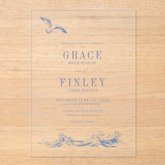 Elegant Coastal Chic Blue Beach Wedding アクリル招待状 (正面)