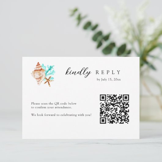 Elegant Coastal Seashell QR Code Beach Wedding 出欠カード (スタンド正面)