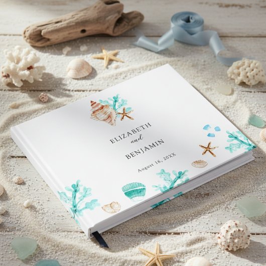 Elegant Coastal Seashell Watercolor Beach Wedding ゲストブック