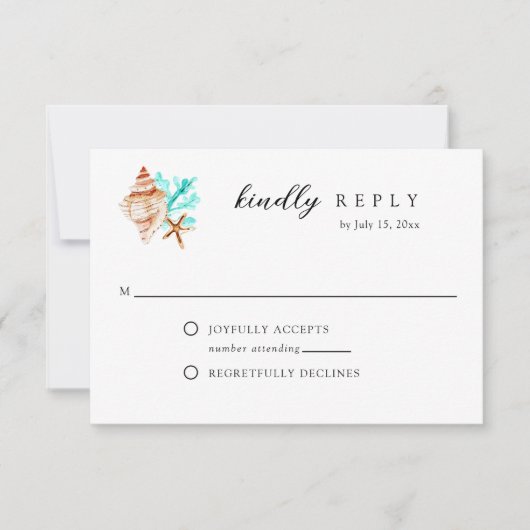 Elegant Coastal Seashell Watercolor Beach Wedding 出欠カード (正面)