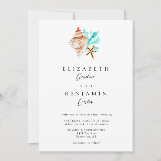 Elegant Coastal Seashell Watercolor Beach Wedding 招待状 (正面)
