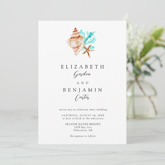 Elegant Coastal Seashell Watercolor Beach Wedding 招待状 (スタンド正面)