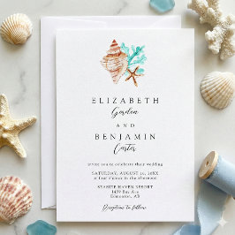 Elegant Coastal Seashell Watercolor Beach Wedding 招待状