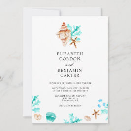 Elegant Coastal Seashell Watercolor Beach Wedding 招待状