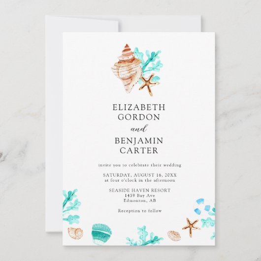 Elegant Coastal Seashell Watercolor Beach Wedding 招待状 (正面)