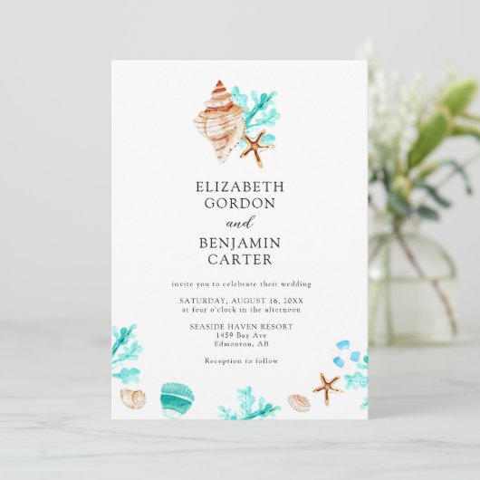 Elegant Coastal Seashell Watercolor Beach Wedding 招待状 (スタンド正面)