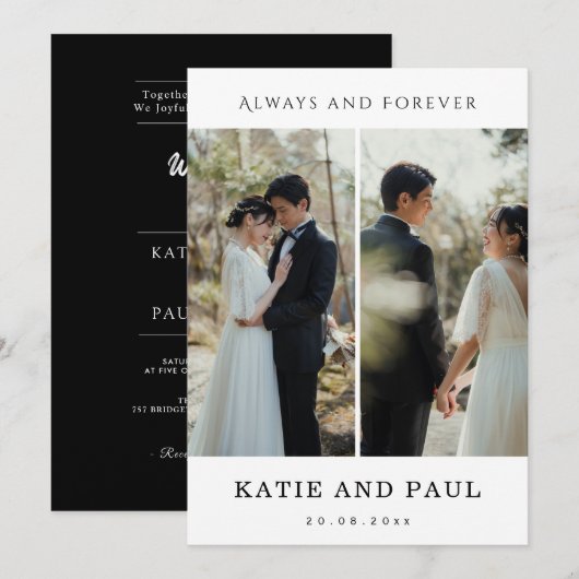 Elegant Collage 2 Photo Modern Black Chic Wedding 招待状 (正面/裏面)