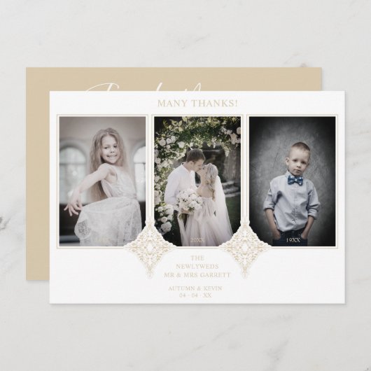 Elegant Collage Lace Romantic 3 Photos Couple サンキューカード (正面/裏面)