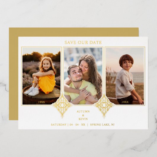 Elegant Collage Lace Romantic 3 Photos Couple 箔招待状 (正面/裏面)