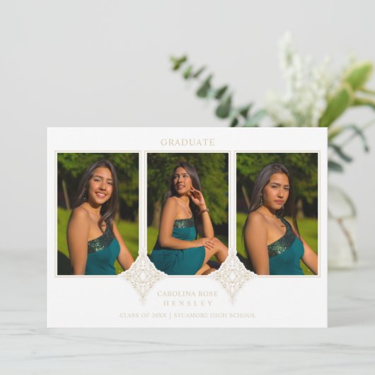 Elegant Collage Lace Romantic 3 Photos Graduation 招待状 (スタンド正面)
