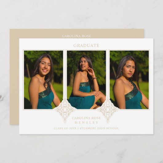 Elegant Collage Lace Romantic 3 Photos Graduation 招待状 (正面/裏面)