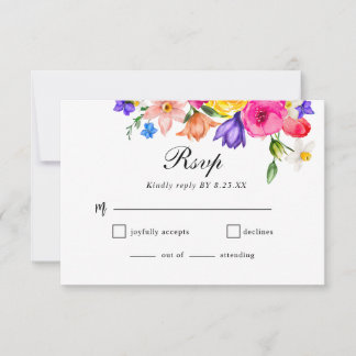 Elegant  Colorful Bold Watercolor Floral wedding 出欠カード