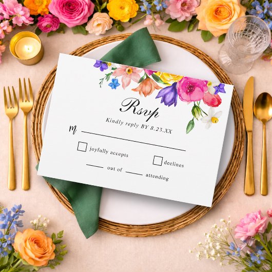 Elegant  Colorful Bold Watercolor Floral wedding 出欠カード
