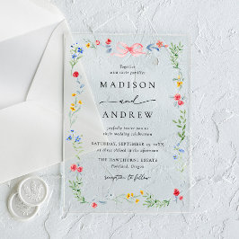 Elegant Colorful Wildflower Pink Bow Wedding アクリル招待状