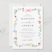 Elegant Colorful Wildflower Pink Bow Wedding 招待状 (正面)