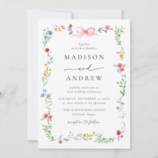 Elegant Colorful Wildflower Pink Bow Wedding 招待状 (正面)