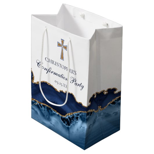 Elegant Confirmation Church Party Customized Blue ミディアムペーパーバッグ (正面アングル)