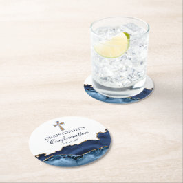 Elegant Confirmation Cross Navy Blue Gold Party ラウンドペーパーコースター