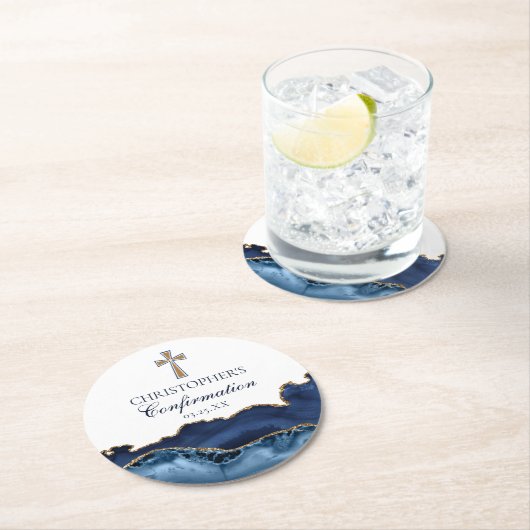 Elegant Confirmation Cross Navy Blue Gold Party ラウンドペーパーコースター (インサイチュ)