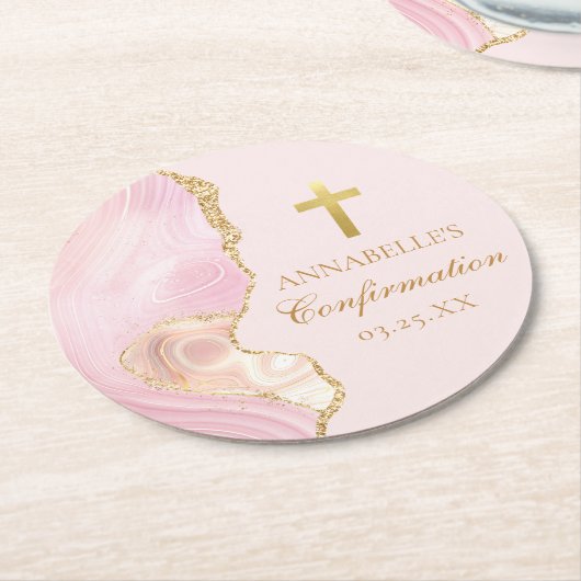 Elegant Confirmation Cross Pink Gold Custom Party ラウンドペーパーコースター (アングル)