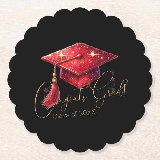 Elegant Congrats Grad Artwork in Red, Gold & Black ペーパーコースター (正面)