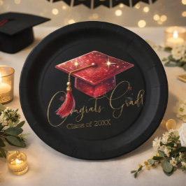 Elegant Congrats Grad Artwork in Red, Gold & Black ペーパープレート