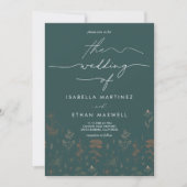 Elegant Copper Botanical Script Dark Teal Wedding 招待状 (正面)