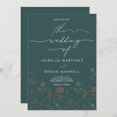 Elegant Copper Botanical Script Dark Teal Wedding 招待状 (正面/裏面)